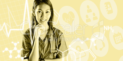 Composite image of asian nurse with stethoscope looking at the c