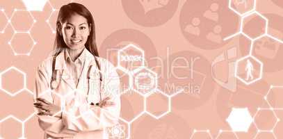 Composite image of asian doctor with arms crossed looking at the