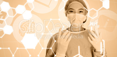Composite image of portrait of surgeon woman reading for surgery