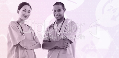 Composite image of confident surgeons with arms crossed in hospi