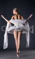 Rear view of slender girl dressed as ballerina