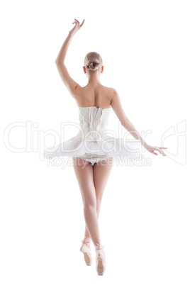 Rear view of slender young ballerina in tutu