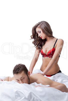 Hot slender brunette makes massage to her lover