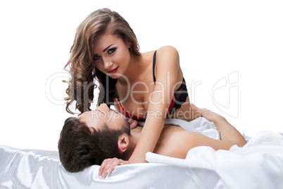 Image of pretty curly woman seduces her lover