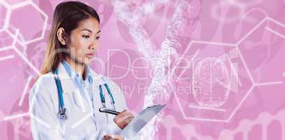 Composite image of asian doctor writing on files