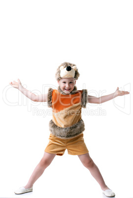 Happy boy posing in bear suit, isolated on white