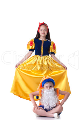 Beautiful Snow White posing with funny gnome
