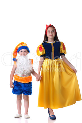 Beautiful Snow White and funny gnome holding hands