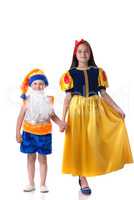 Beautiful Snow White and funny gnome holding hands