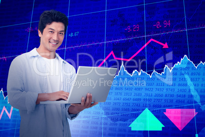 Composite image of smiling male with his laptop