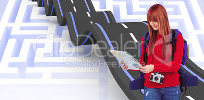 Composite image of smiling hipster woman with a travel bag with