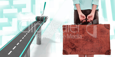 Composite image of rear view of hipster woman holding suitcase