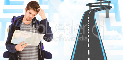 Composite image of man scratching head looking in map