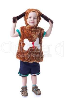 Adorable little boy posing in puppy suit
