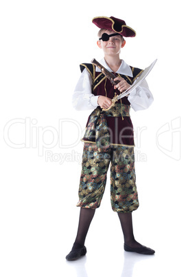 Cute boy posing in pirate costume with eye patch