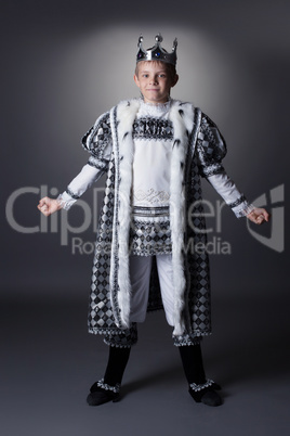 Studio shot of handsome little boy in king costume