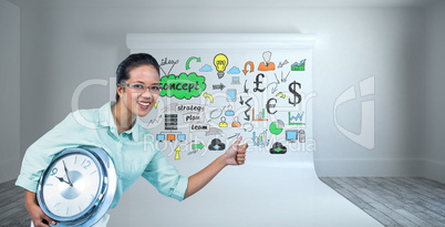 Composite image of delighted businesswoman holding a clock