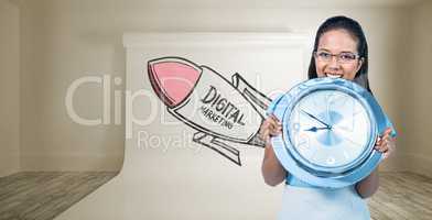 Composite image of delighted businesswoman holding a clock