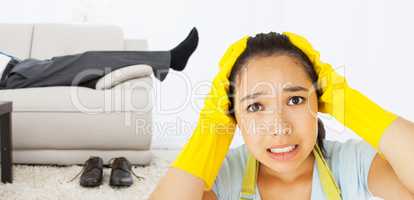 Composite image of stressed out woman