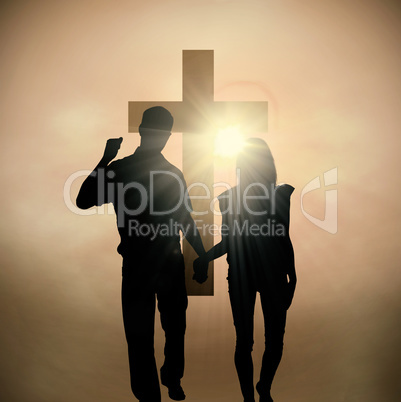 Composite image of happy couple walking holding hands