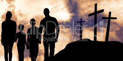 Composite image of portrait of happy family walking over white b