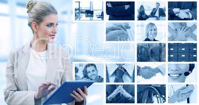 Composite image of cheerful stylish businesswoman using digital