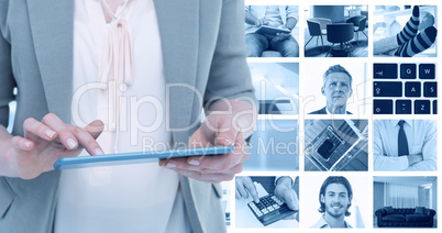 Composite image of close up of woman using tablet