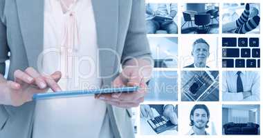 Composite image of close up of woman using tablet