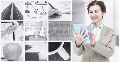 Composite image of smiling businesswoman using tablet computer