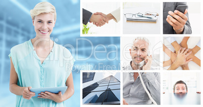 Composite image of woman standing with tablet