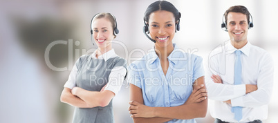 Composite image of portrait of call center executives standing w