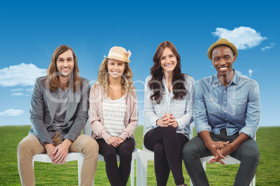 Composite image of full length portrait of smiling business peop