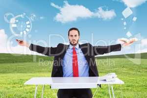 Composite image of unsmiling businessman sitting with arms outst