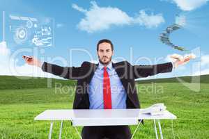 Composite image of unsmiling businessman sitting with arms outst