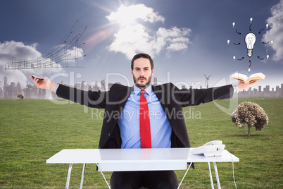 Composite image of unsmiling businessman sitting with arms outst Composite image of unsmiling businessman sitting with arms outst