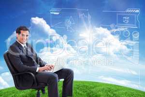 Composite image of young businessman sitting on an armchair work