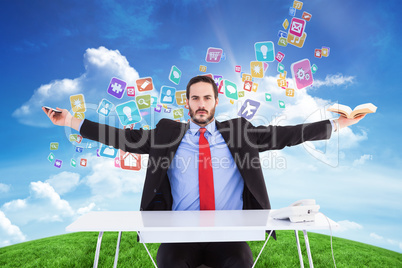 Composite image of unsmiling businessman sitting with arms outst