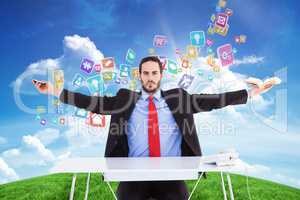 Composite image of unsmiling businessman sitting with arms outst