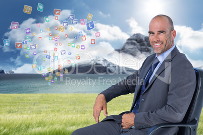 Composite image of portrait of confident businessman sitting on