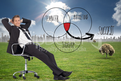 Composite image of businessman relaxing in swivel chair