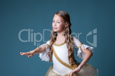 Elegant curly girl dancing at camera