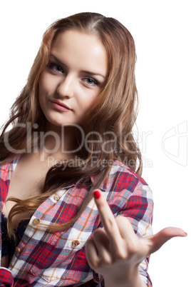Portrait of pretty girl showing rude gesture