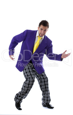 Cheerful man posing in large colorful costume