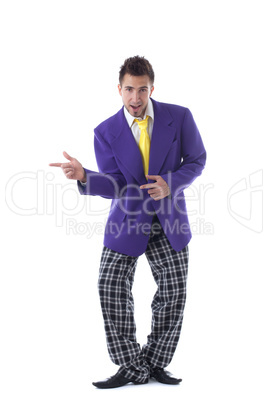 Funny man posing in purple jacket and plaid pants