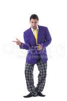 Funny man posing in purple jacket and plaid pants