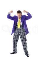 Funny man in large suit posing at camera
