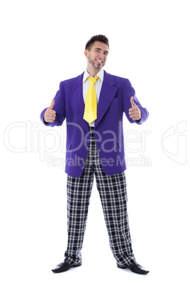 Hilarious man in colorful costume posing thumbs up