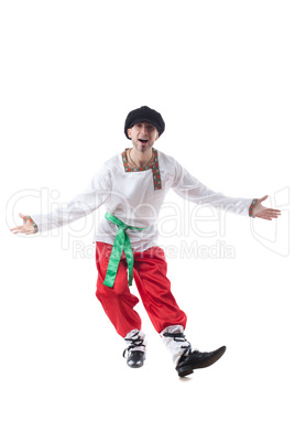 Cheerful man posing in costume of peasant