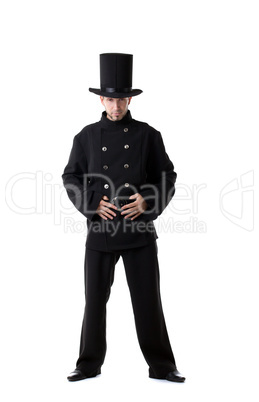 Pretentious man posing dressed as chimney sweep