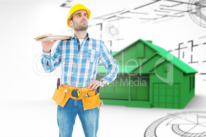 Composite image of thoughtful worker carrying wooden planks